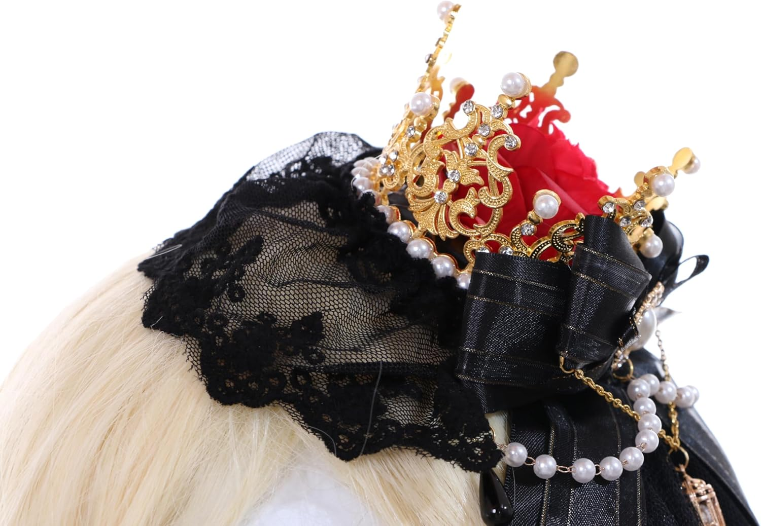 C-105-1 Black Veil Gold Crown Red Rose Bow Lace Ruffle Gothic Lolita Party Celebration Hair Accessories Head Accessory image number 4