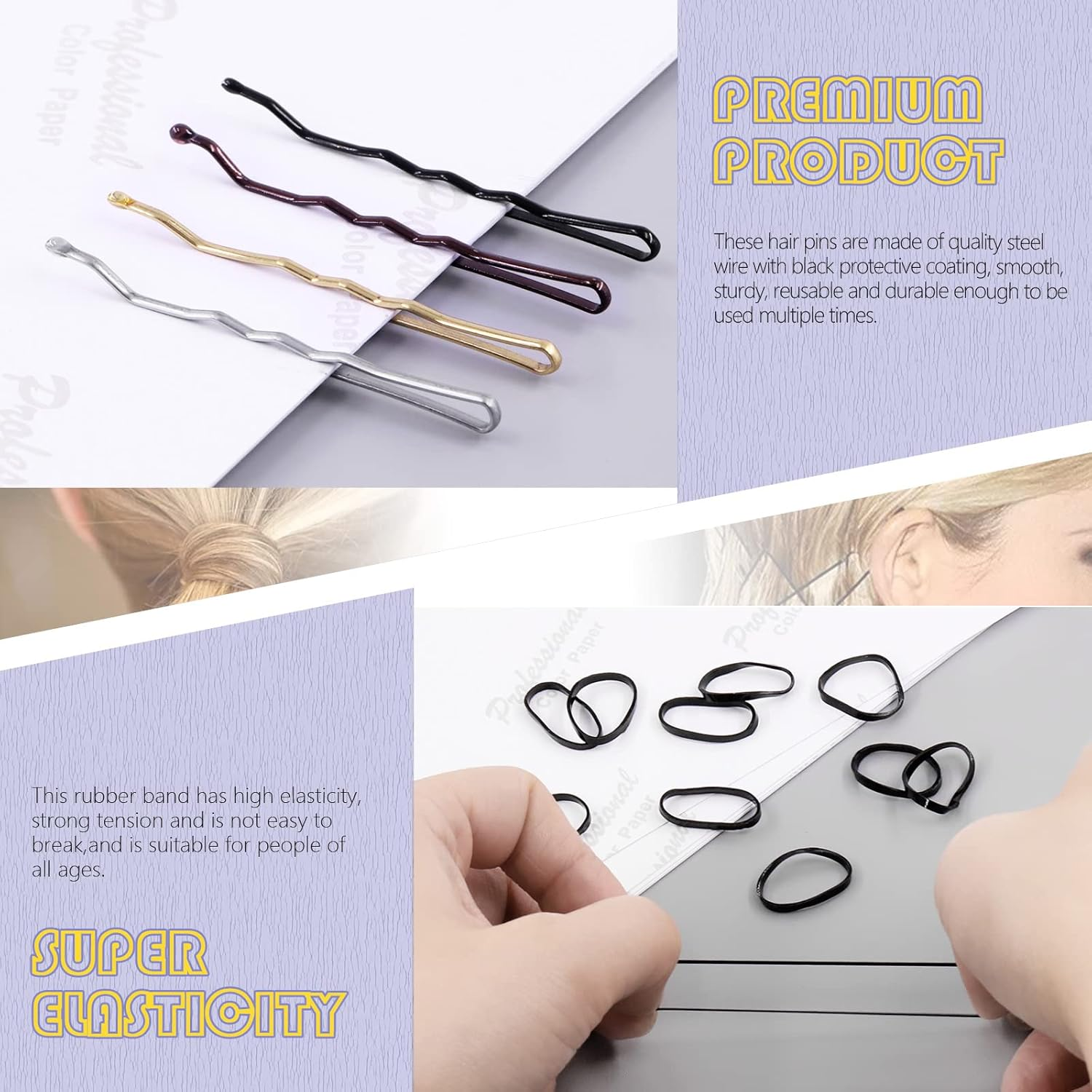 Swpeet 420Pcs 2 Styles 1.9Inch 2.4Inch Black/Gold/Brown/Silver Hair Pins Bobby Pins with Rubber Bands Kit, Including 160Pcs Bobby Pins and 160Pcs U Hair Pins Hair Clips for Girls and Women image number 4