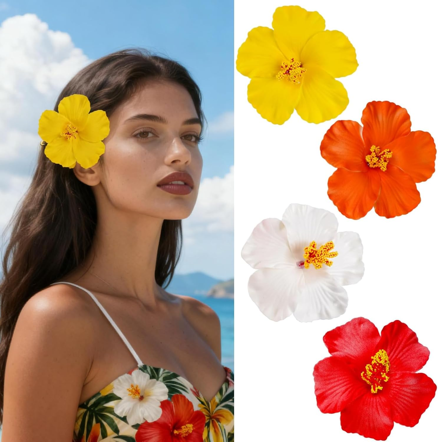 OJIOUI Hawaiian Flower Hair Clips for Women 4 Pcs Hibiscus Hair Clip Artificial Flower Hairpin 3.5 Inch Floral Hair Barrettes for Summer Vacation Beach Holiday image number 3