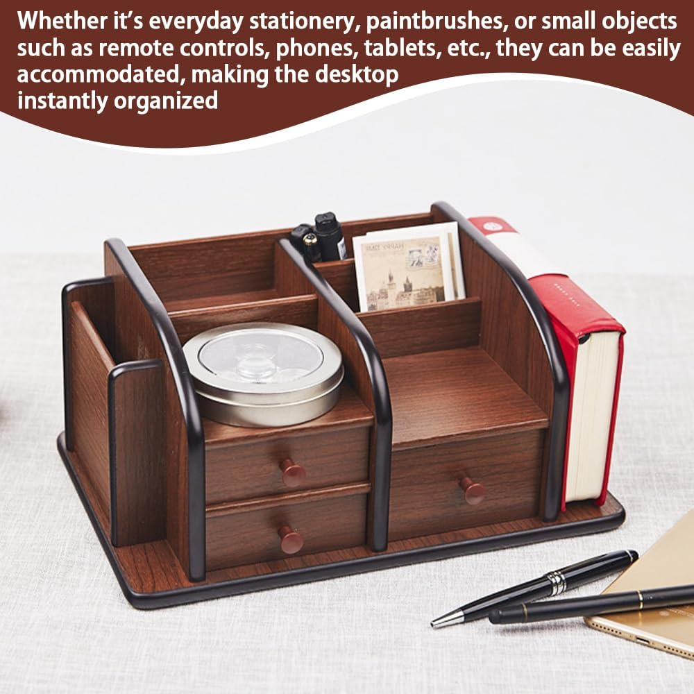 Brown Wooden Desktop Organizer,Wood Office Desk Organizer,Pencil Storage Rack,Large Capacity Drawer,Brown Desktop Accessories,For Kitchen,Desk,Classroom, O0Ffice,Daily Storage image number 4