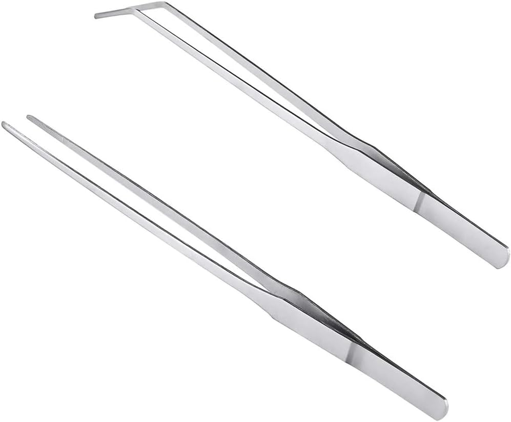 MMOBIEL 2 Pcs Stainless Steel Tweezers/Tong 27Cm / 10.6 Inch Extra Long Straight/Curved with Precision Serrated Tip for Aqua Scaping, Garden Work, Cooking, Industrial Work, Laboratory Use.
