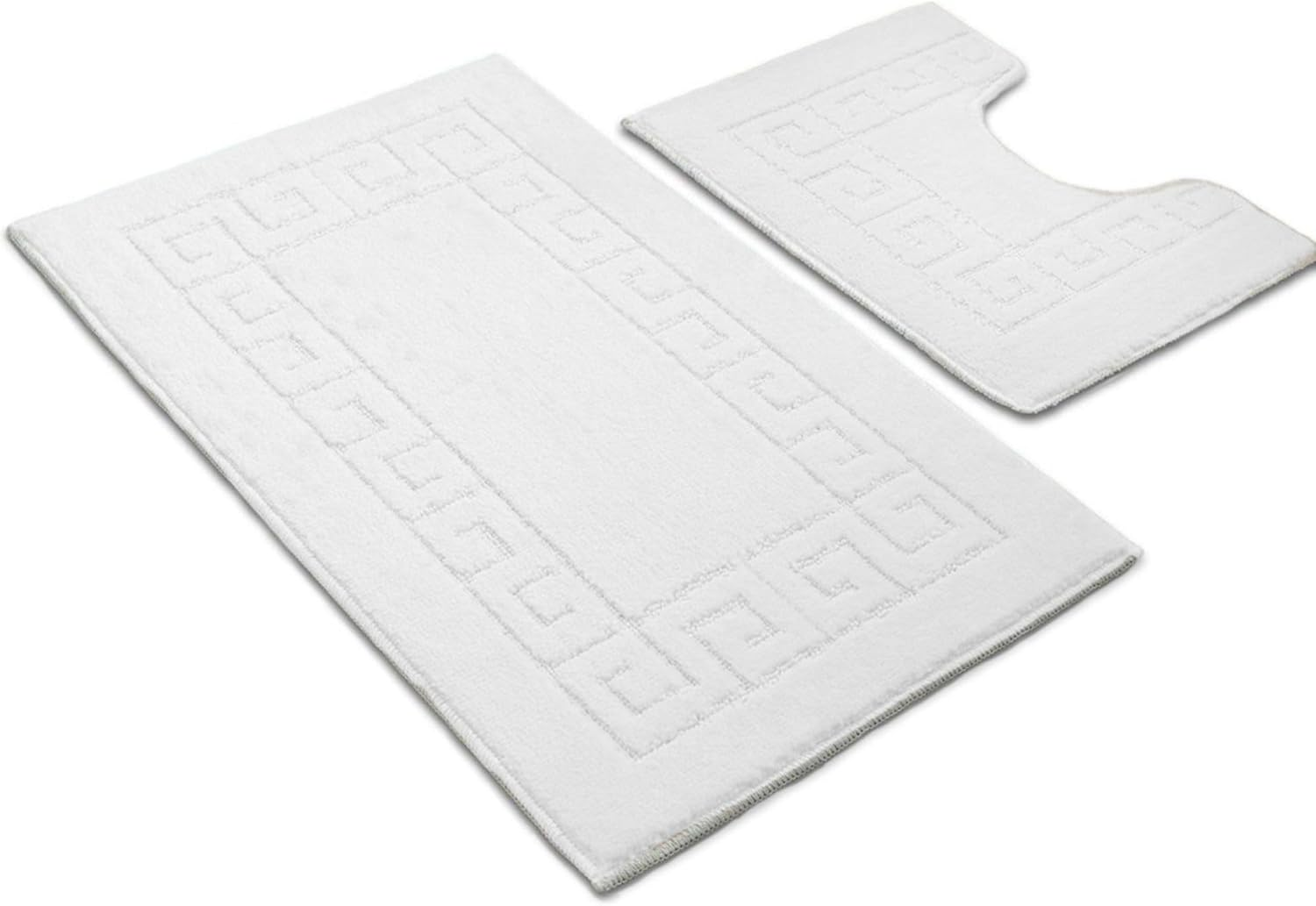 Ambience Products Greek Key Pattern Bath Mats 2 Piece Sets Non Slip Bathroom Mat, Soft Washable Rug Quick Dry Water Absorbent Bathroom Shower Mat & Pedestal Set (White)