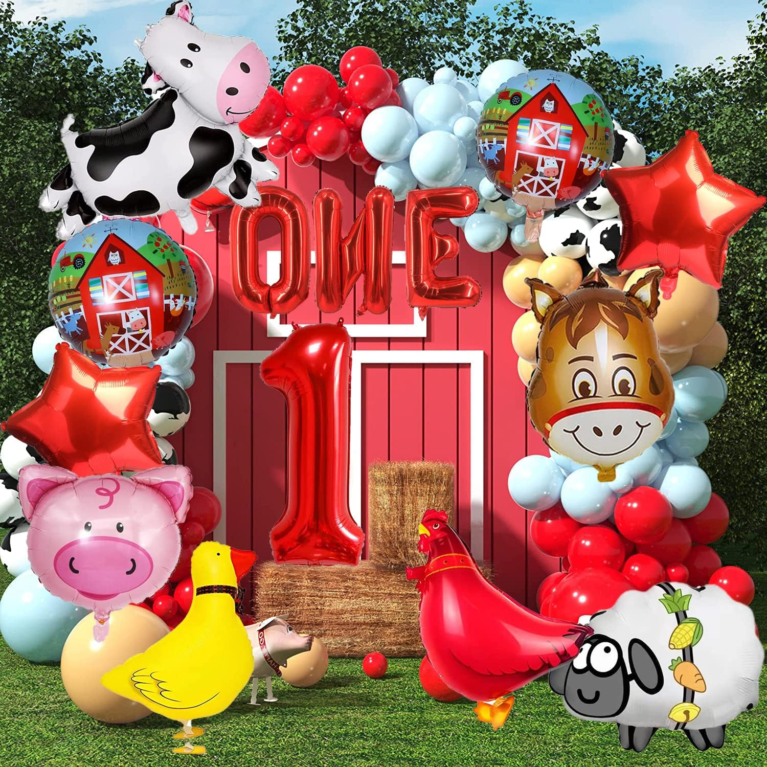 14 PCS Farm Animal Balloons Cow Sheep Duck Rooster Pig Donkey Balloons Barnyard Balloon Supplies with Large Number 1 Foil Balloon for Farm Animal Theme 1St Birthday Party Decor Supplies image number 1