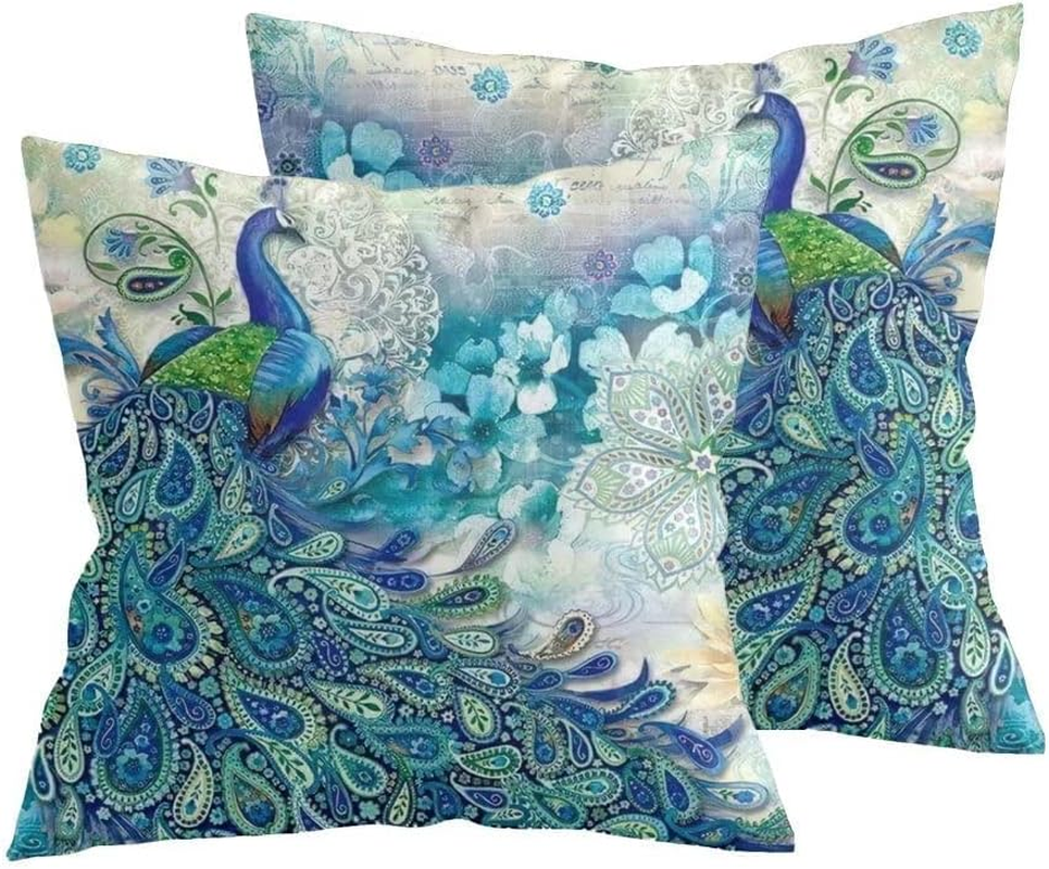 Teal Peacock Throw Pillow Covers Set of 2, Vintage Watercolor Blue Teal Turquoise Peacock Gifts Microfiber Fabric Decoration Pillowcases Home Sofa Couch Bed Decor Square 18X18 Inches Pillow Cases image number 4