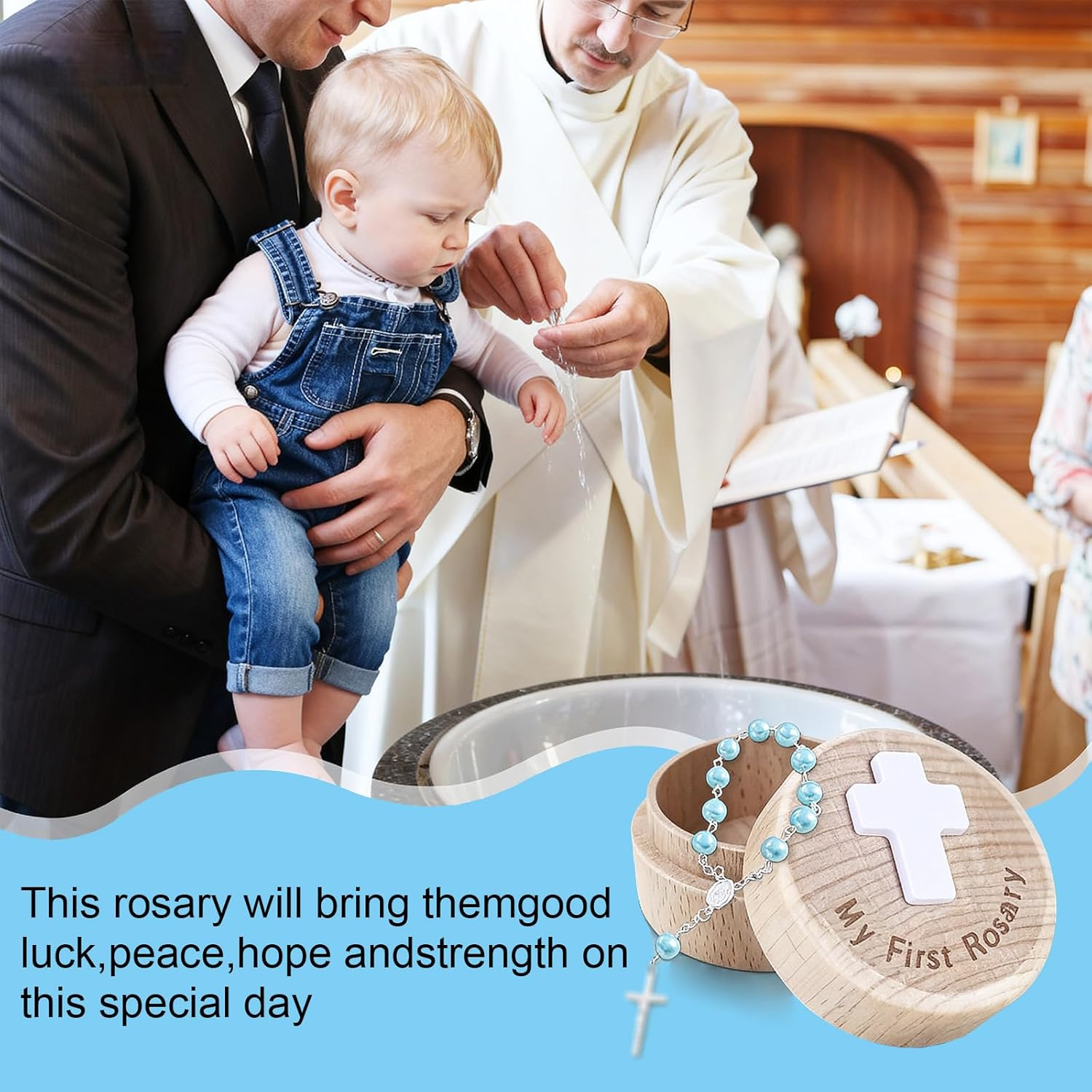 Surnavik Baby'S First Rosary Set - Deluxe Keepsake Memory Box with Pearlized Rosary Bracelet | Catholic Baptism Christening Newborns & Infants (Blue) - White image number 5