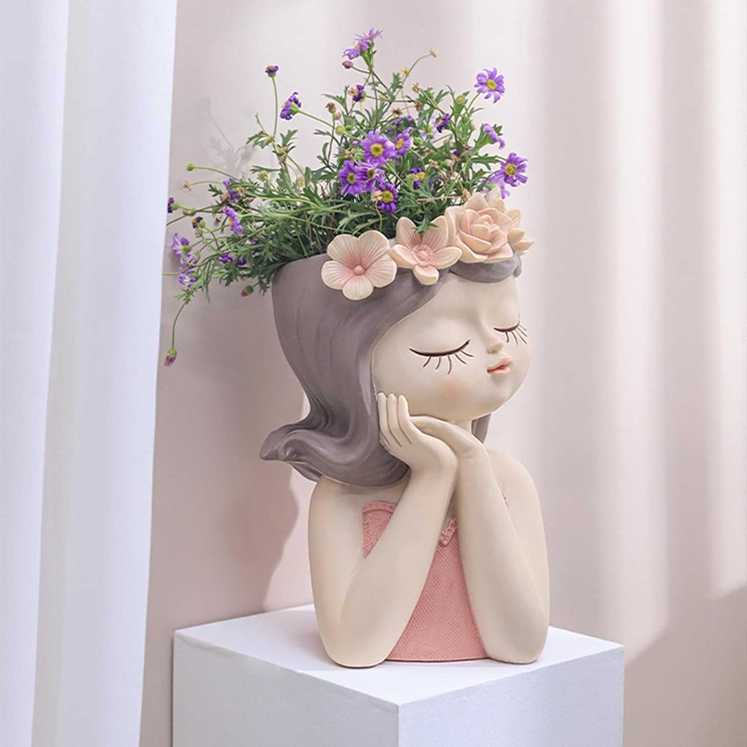 MYKAGS Cute Girl Face Resin Succulent Planter Pot with Drainage Hole, Ideal for Indoor/Outdoor Use, 7Cm W X 7Cm D X 11Cm H, Glossy Finish, Whimsical Style, 1 Count image number 5