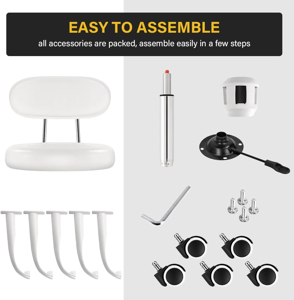 Rolling Stool with Wheels Swivel Stool with Back Height Adjustable Chair PU Leather Rolling Stools Ideal for SPA Salon Home Office Drafting Work (White) image number 2