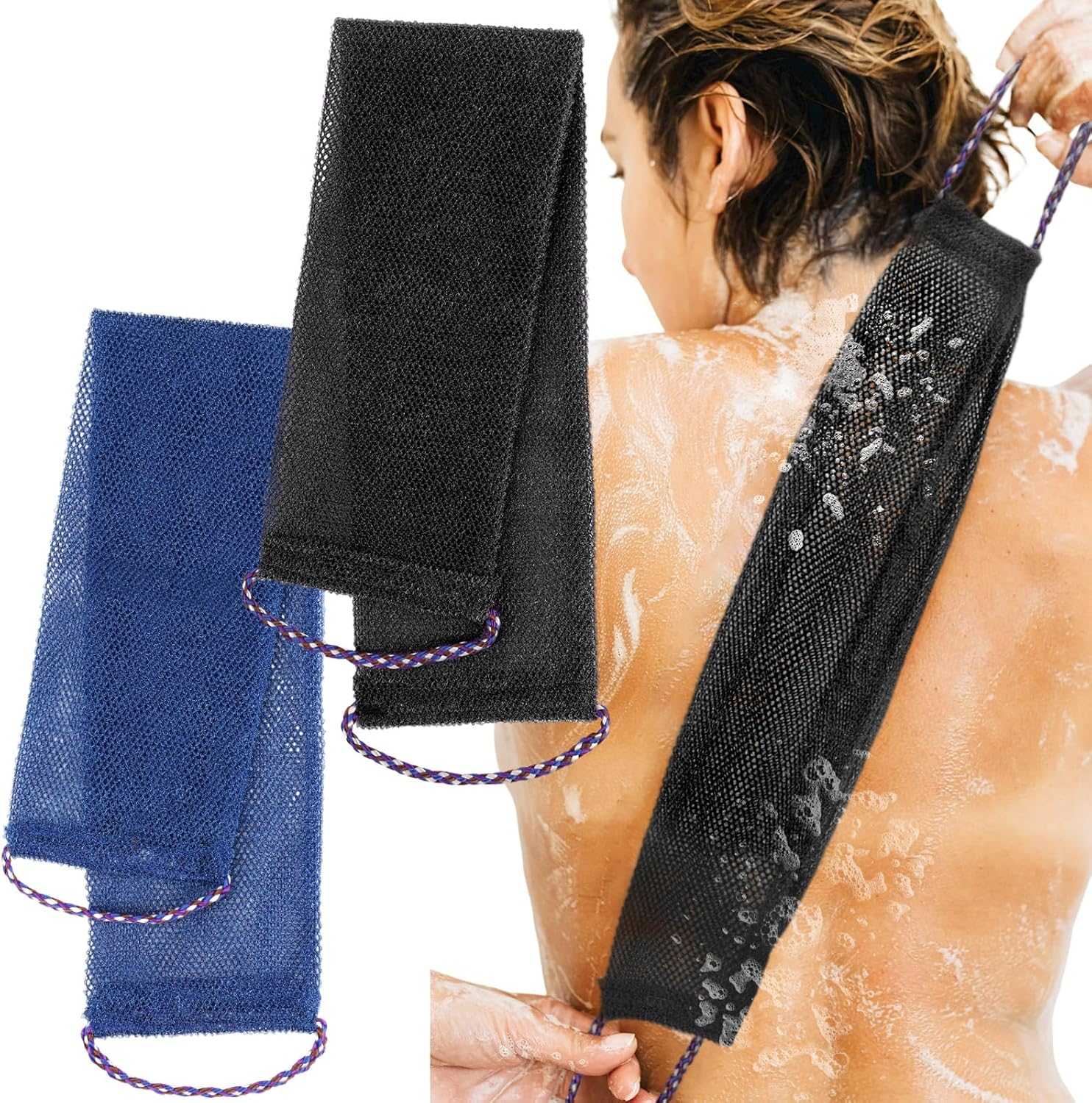 Viiotu 2025 Upgraded 2 PCS African Net Sponge - Authentic Exfoliating Body Scrubber with Stretchable Nylon Mesh, Durable Hygienic Shower Back Scrubber for Men & Women (Blue+Purple)
