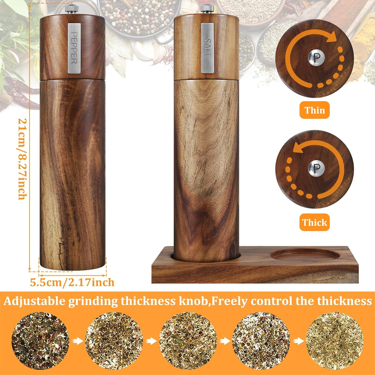 Wood Salt and Pepper Grinder Set,Salt Pepper Mill Grinder,Salt Grinder Set,Cylindrical Grinder Acacia Wood Pepper Mill Ceramic Core Manual Pepper Grinder image number 5