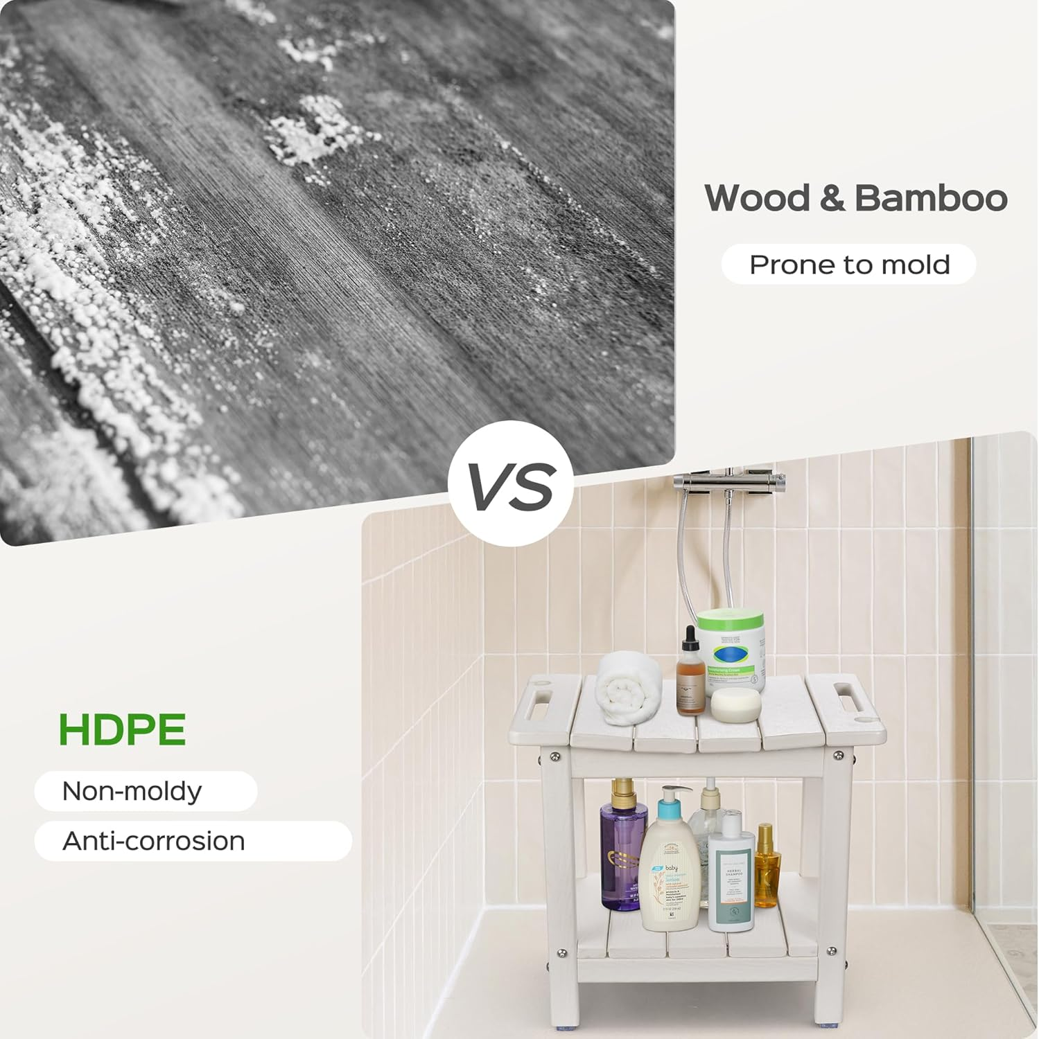 Lyrifine Shower Stool, 18.5 Inch HDPE Waterproof Shower Chair, Bathroom Shower Seat with Shower Head Holder, 350LBS Sturdy Shower Stool for Elderly Seniors Shaving Legs, White