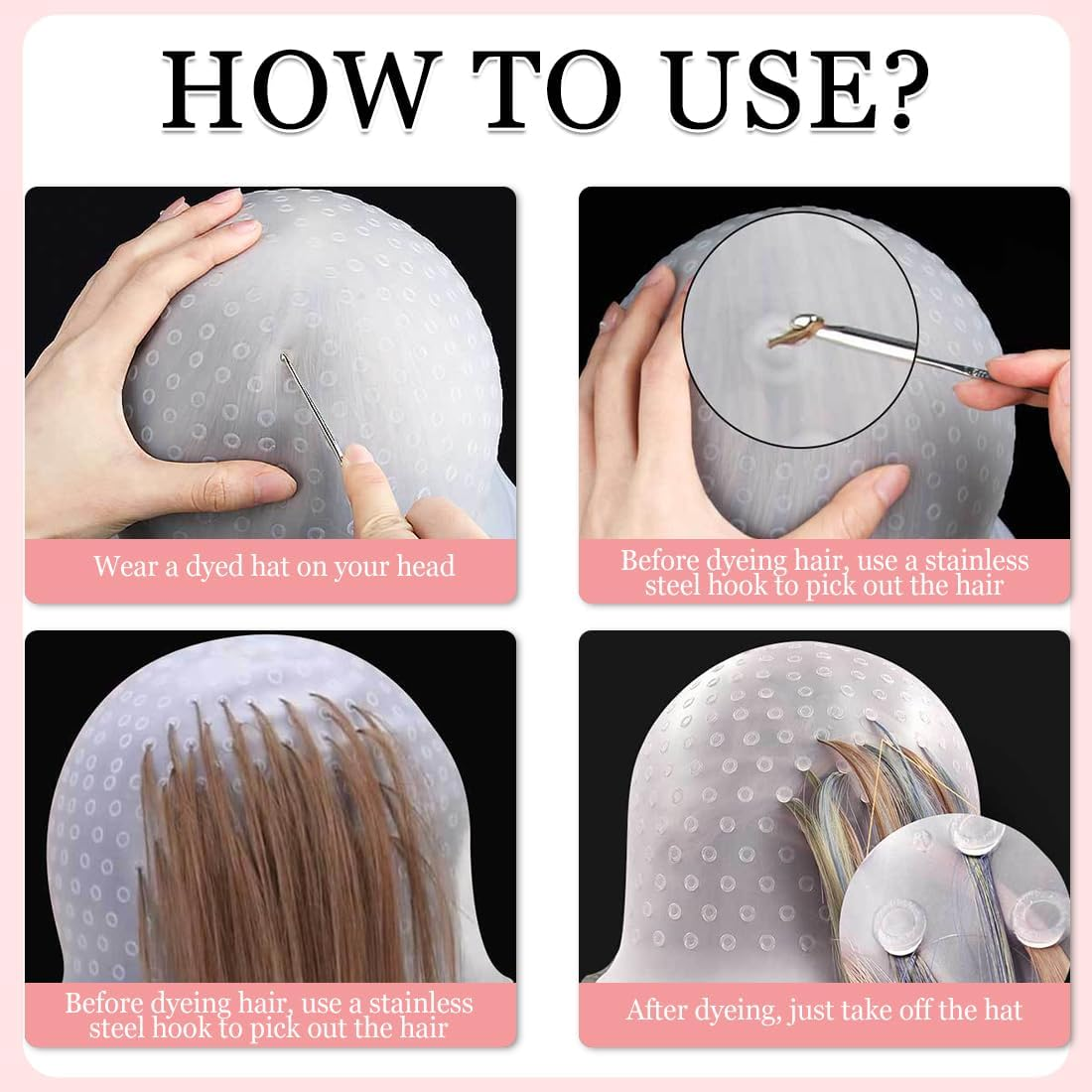 MIRKUZI Coloring Accessories 1 Piece Silicone Highlight Cap with Crochet Highlight Cap Reusable Salon Hair Cap Highlight Cap Salon Hair Dye Cap for Women and Girls for Hair Dyeing image number 4