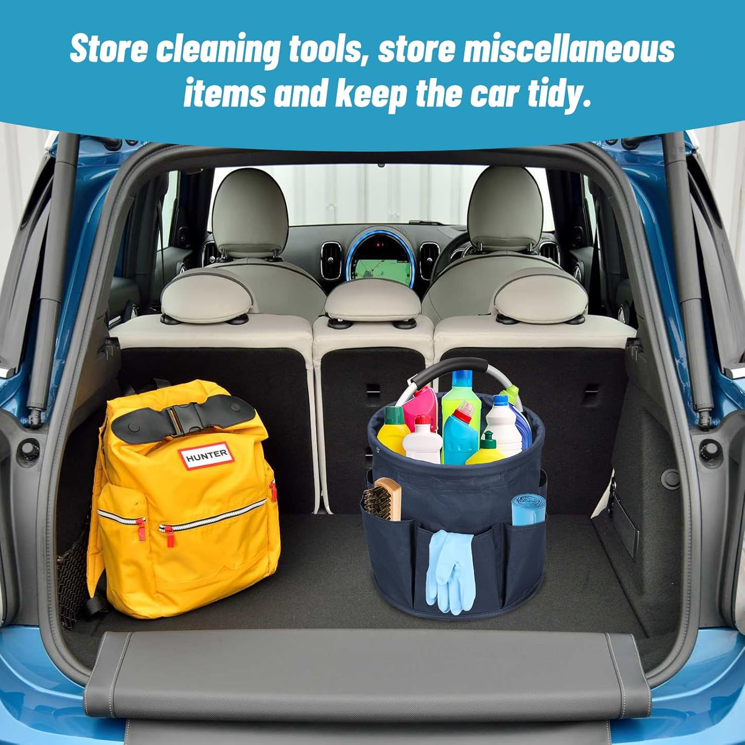 Cleaning Caddy Bag with Handle, 17L Cleaning Products Organiser Adjustable Gardening Tool Storage Bag, Caddy Organiser Large Multi Pocket Bucket Tool Bag for Home, Car (Navy Blue)