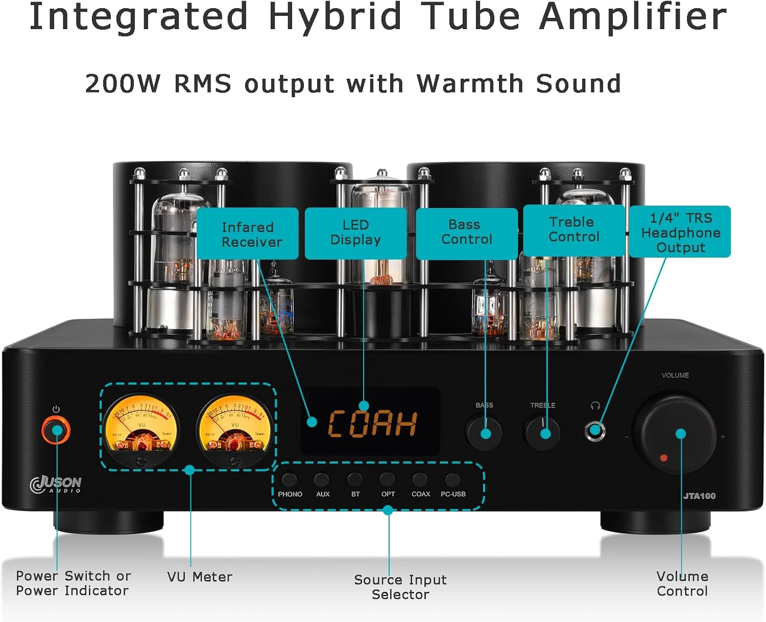 Juson Audio JTA100 200W Vacuum Tube Amplifier Integrated Hybrid with BT 5.0 Optical AUX RCA Phono Input and Headphone Output 2.1CH Class AB Hifi Home Audio for Turntable image number 5