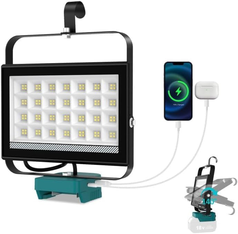 Portable Cordless LED Work Light for Makita 18V Battery, 100W 6500LM Flood Lights,Battery Lights with USB and Type C Charging,Ideal for Jobsite, Garage, Camping, Emergency(2 Modes & No Battery)