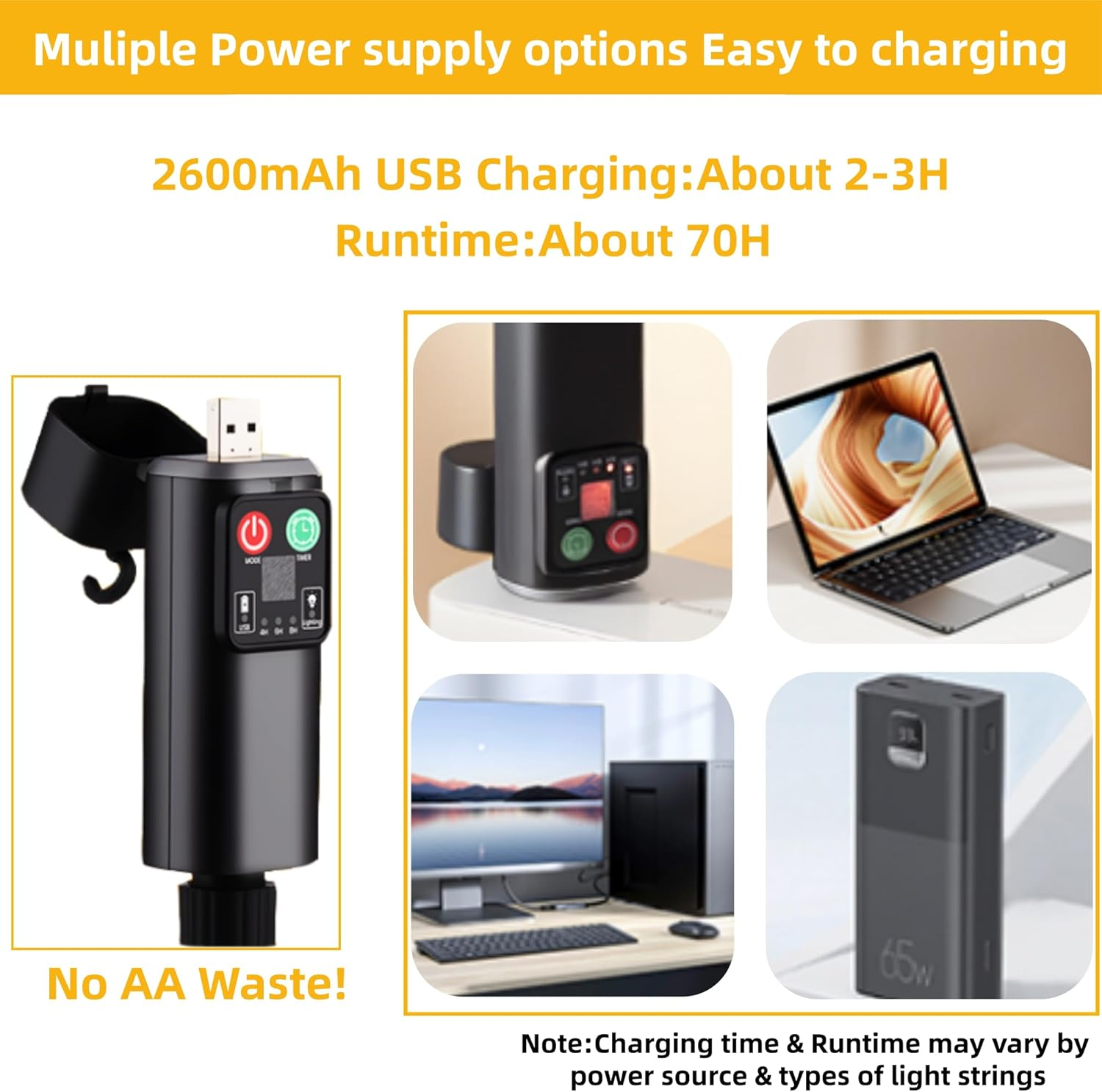 Rechargeable Light String Replacement Adapter with USB Charge Port - LED Power Supply - 8 Modes Timer - Waterproof & Portable Transformer for Christmas Lighting,String Light,Inflatable Device (1) image number 2