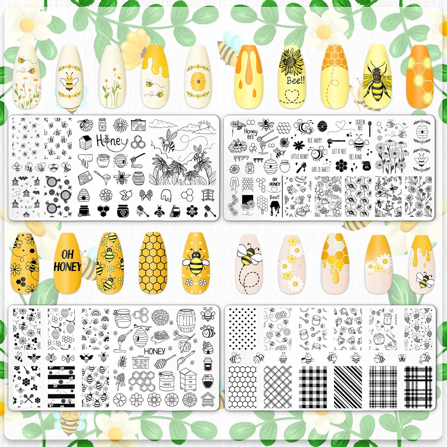 Jarthenaamcs 4Pcs Bee Nail Plates Stamping Set Honeycomb Floral Stamp Templates Nail Art Plates for Spring Summer DIY Print Manicure Salon Design image number 3