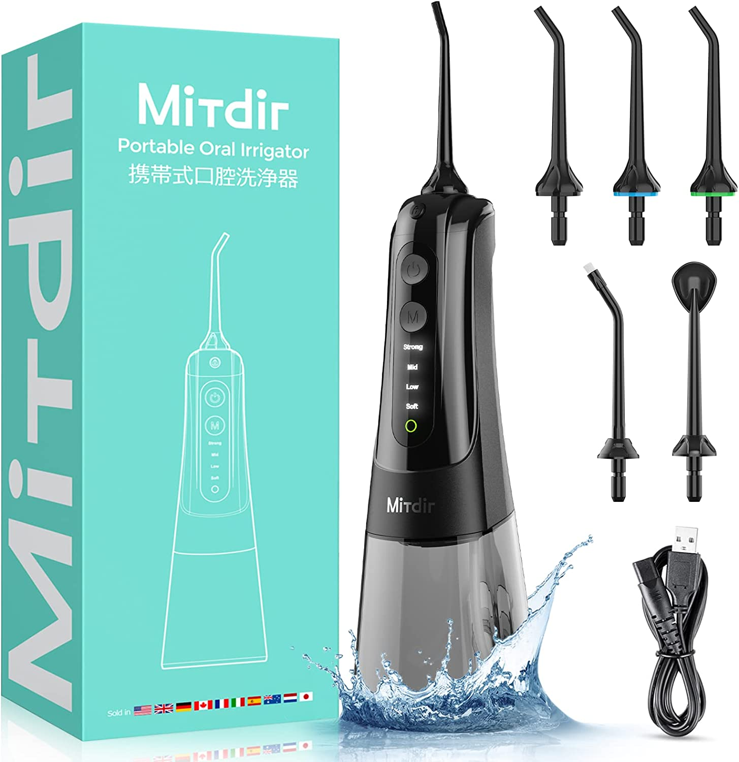 Mitdir Y801 Water Dental Flosser Oral Irrigator 5 Jet Tips 4 Modes IPX7 Waterproof 300ML Detachable Water Tank Portable Cordless Rechargeable Teeth Cleaner for Home&Travel (White)