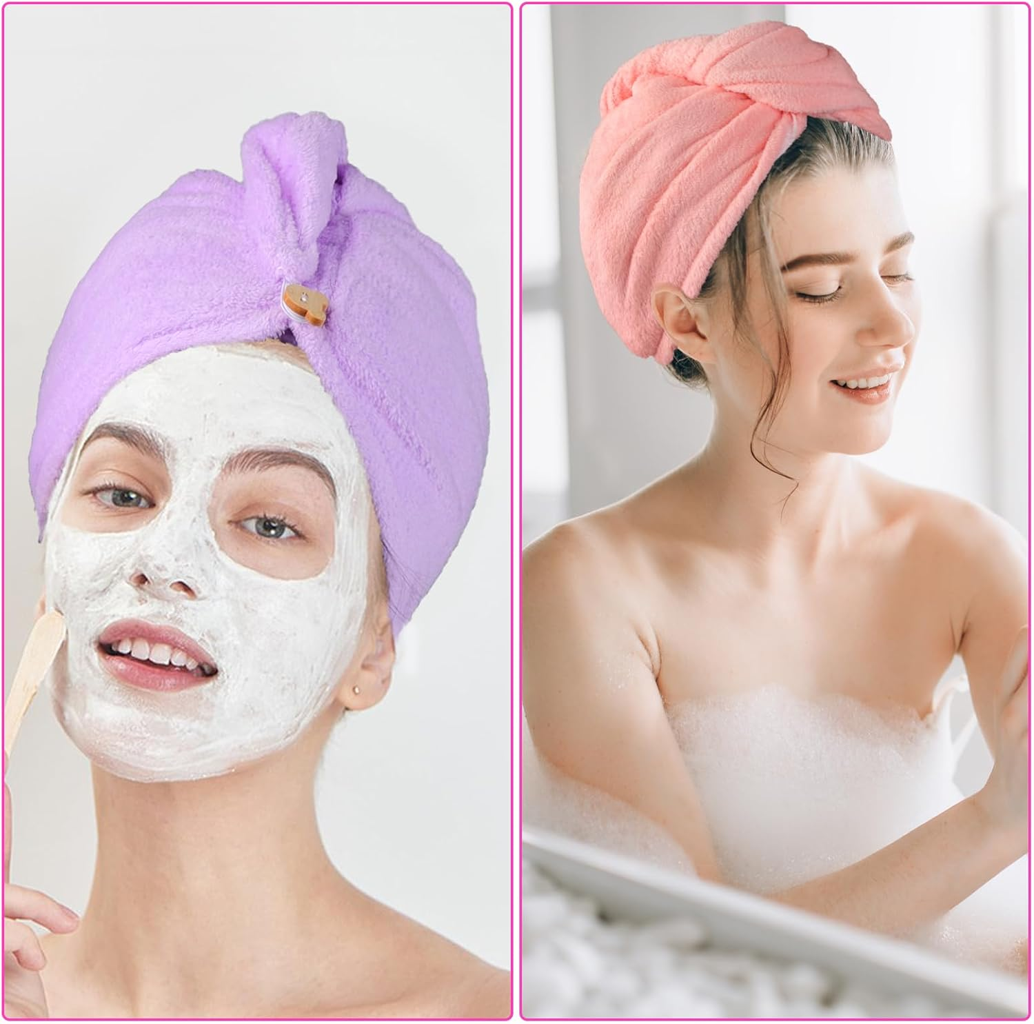 Pack of 2 Microfibre Hair Towels, Pink Purple Thickened Hair Turban for Drying Hair, Turban Towel with Button, Super Absorbent, Quick-Drying Hair, Soft Twisted Hair Towel for Women Children image number 5