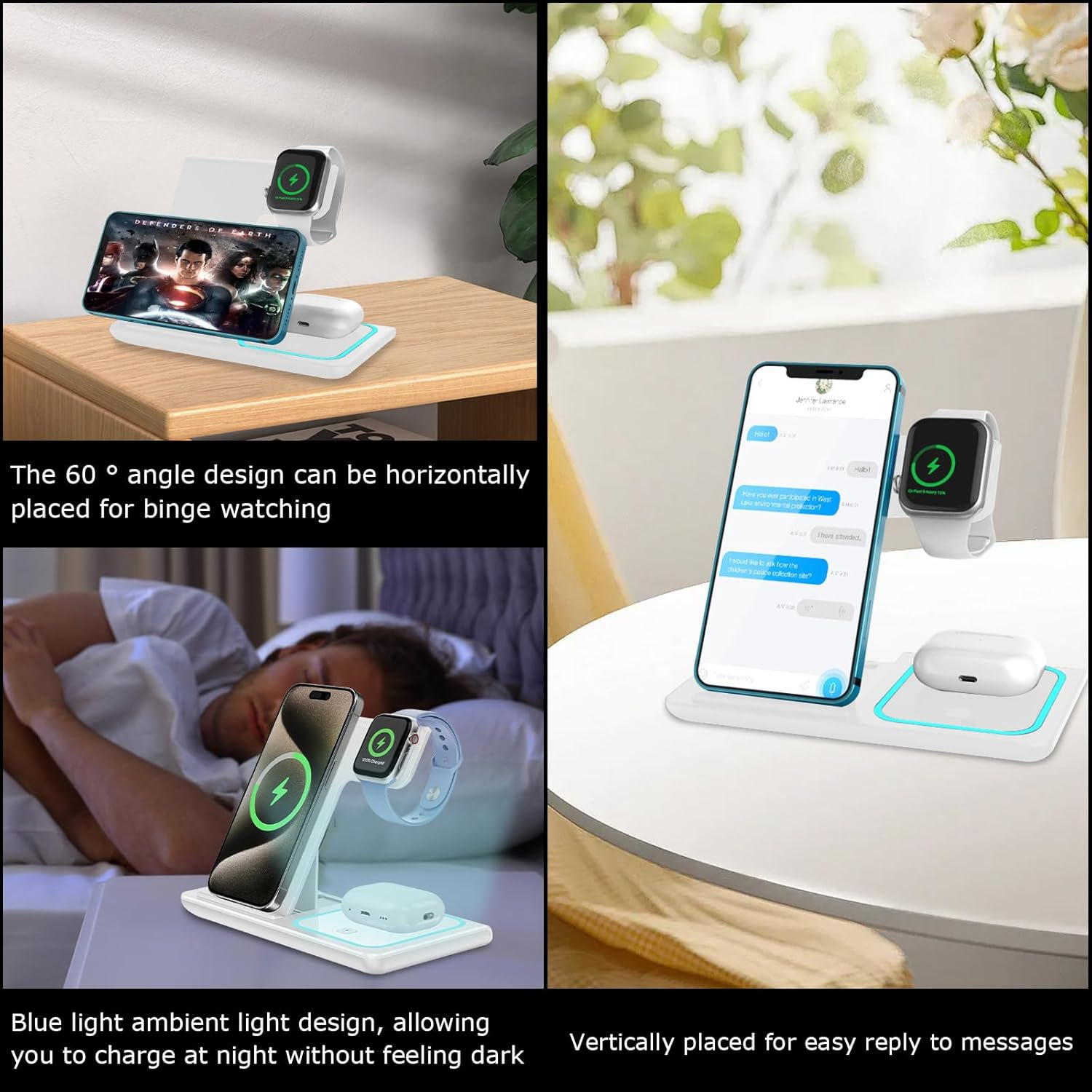 3 in 1 Wireless Charging Station,15W Fast Wireless Charging Station,Universal for Android and Iphones Wireless Charger for Iphone 16/15/14/13/12 Pro & Max Series,Airpods,Apple Watch（White） - B image number 3