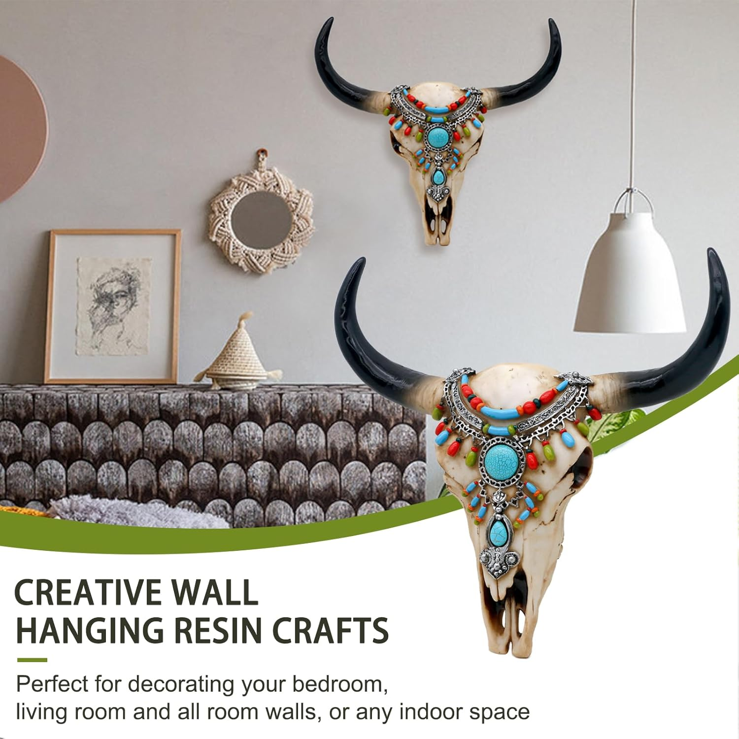 Southwest Cow Skull Wall Decor - Rustic Tribal Bull Skull Head with Turquoise Stone 3D Resin Long Horn Faux Bison Steer Buffalo Wall Hanging for Home Office Room Wall Art Wall Ornament image number 2