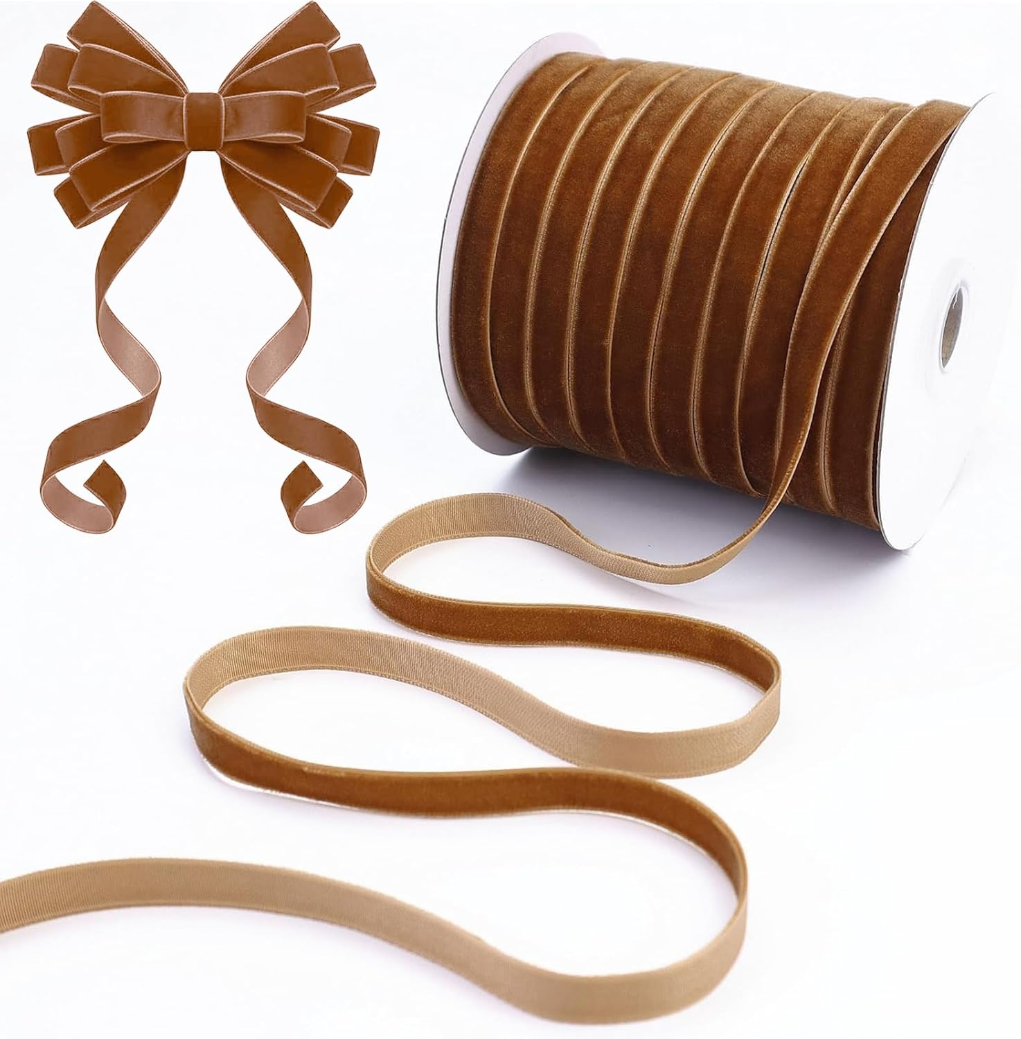 50 Yards Vintage Brown Velvet Ribbon 1CM Thin Ribbon for Gift Wrapping Wedding Decoration DIY Project (Brown) image number 2