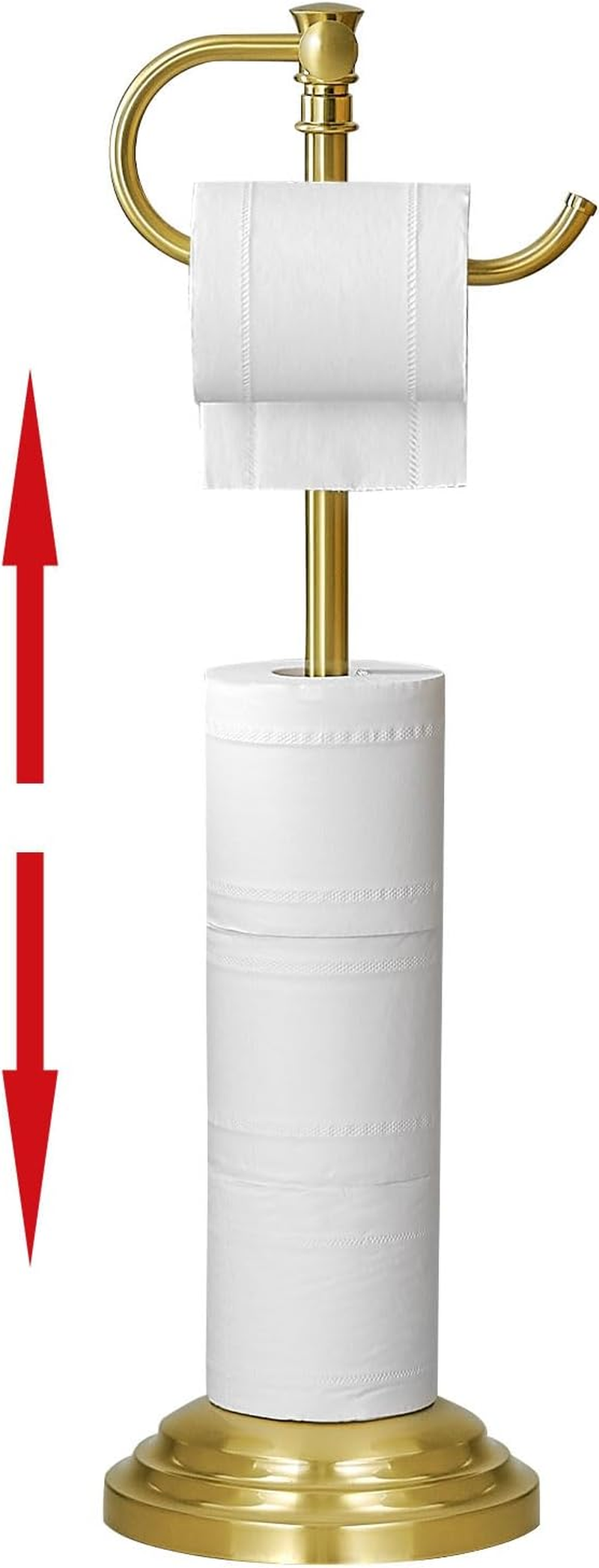 RUMOSE Toilet Paper Holder Stand for Floor, Brushed Gold Adjustable (12.4" to 22.8") Bathroom Toilet Tissue Holder, Free Standing Toilet Paper Roll Holder with Storage, Stainless Steel