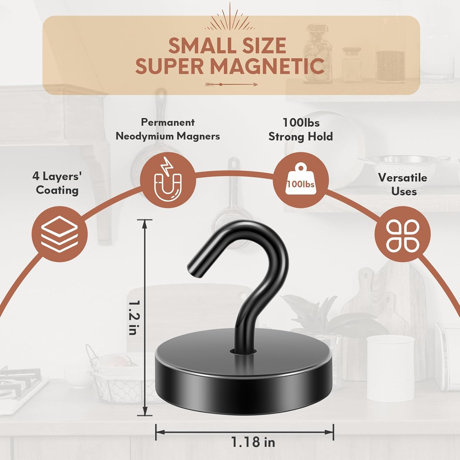 Neosmuk 45Kg+ Extra Strong Magnet with Hook for Fridge,Heavy Duty Cruise Hook for Ceiling,Small Magnetic Holder for Van, Tool(Black, Pack of 6)