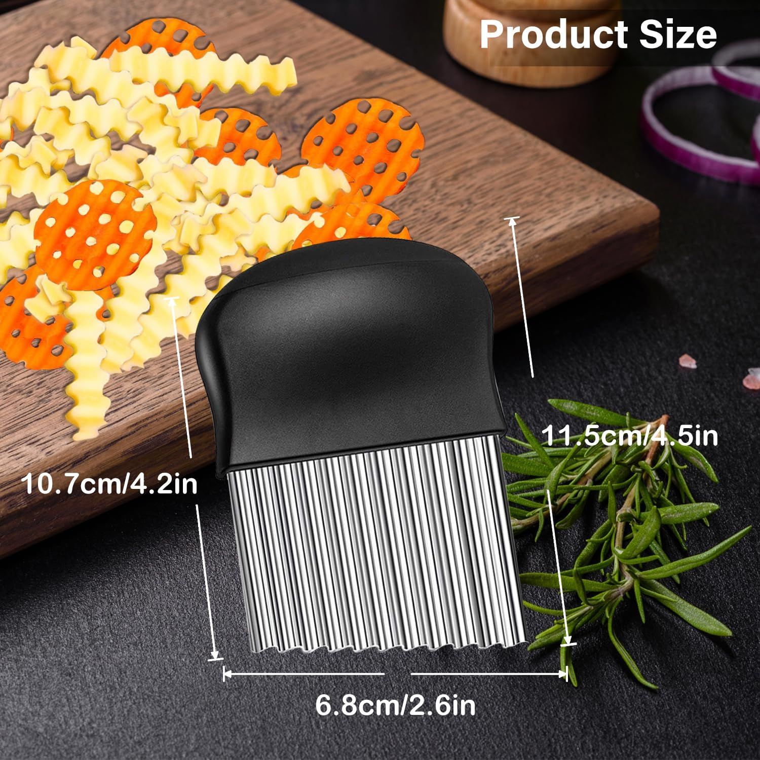 EKIND Crinkle Cutter Stainless Steel Wavy Blade Potato Chopper Vegetable Slicer for Fries Chips Carrots Cucumbers Fruit Home Kitchen Tool (Black) image number 2
