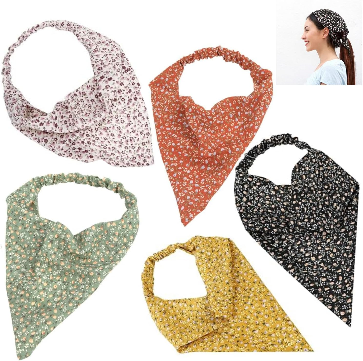 Women'S Headbands, Pack of 5, Boho Women'S Headbands, Triangle Headscarves, Chiffon Bandanas, Turban Hair Bands, Hair Bands for Girls, Elastic Hair Scarf, Head Accessories for Women and Girls image number 1