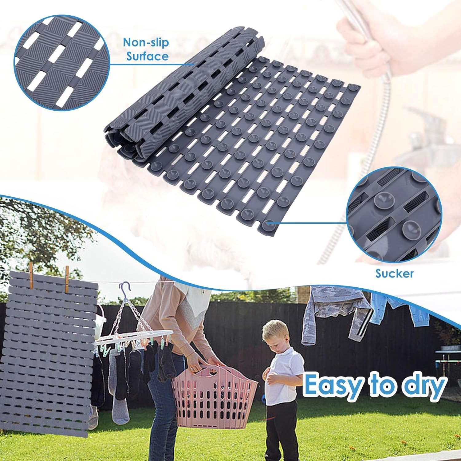 Mumoo Bear Non Slip Shower Pad, Bath Tub Shower Mat, Pet Dog Bathing Non-Slip Mat, Dog Bath Mat, Quick Drain Bathtub Mat with Suction Cups & Drain Holes for Bathroom, 27.1X15.7 Inch Grey image number 5