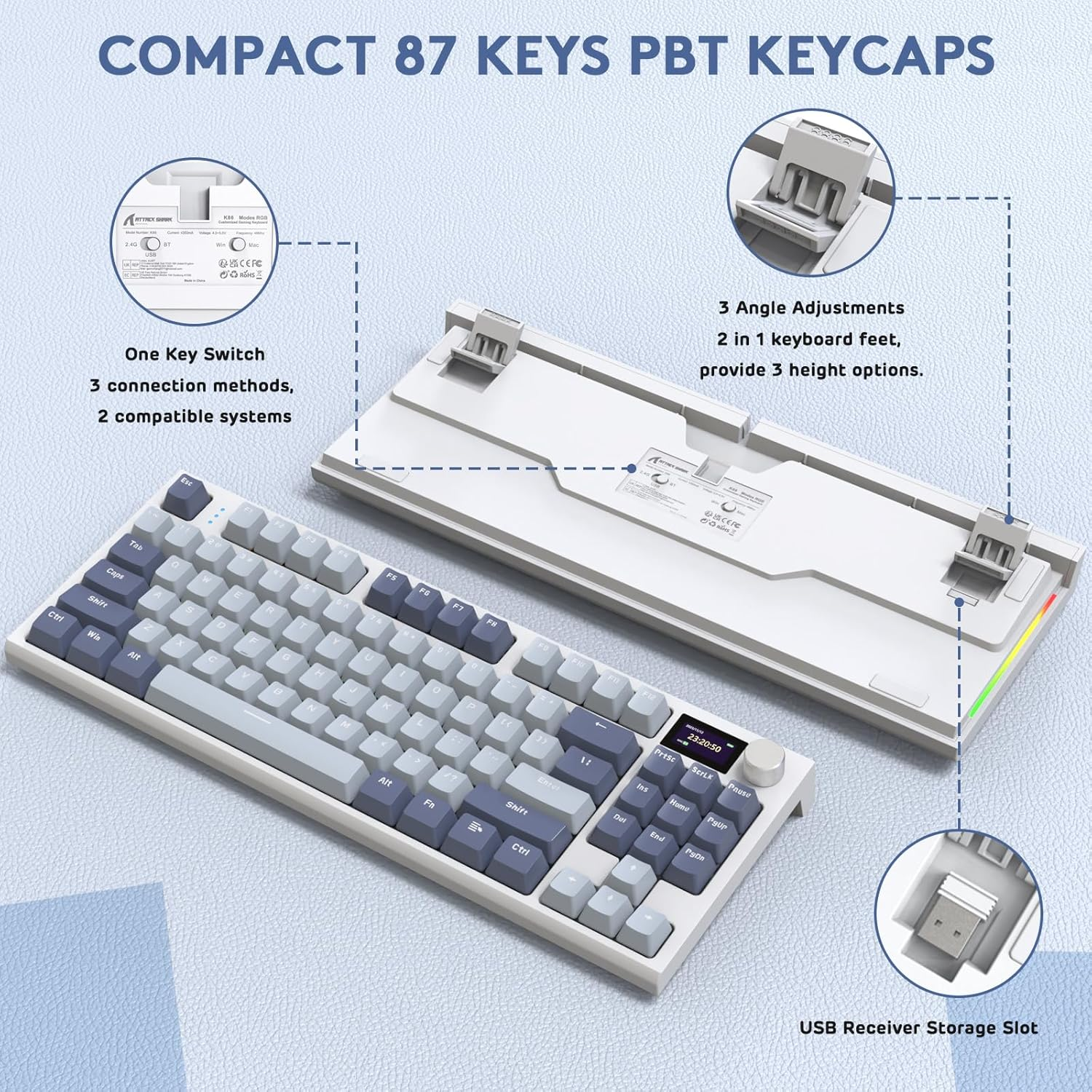 RK86 RGB 75% Wireless Gasket Mechanical Keyboard,Triple Mode Bluetooth5.0/2.4G/Usb-C 82 Keys Hot Swappable Gaming Keyboard 4000 Mah Battery W/Knob & 1.2'' HD OLED Display,Custom Linear Switches
