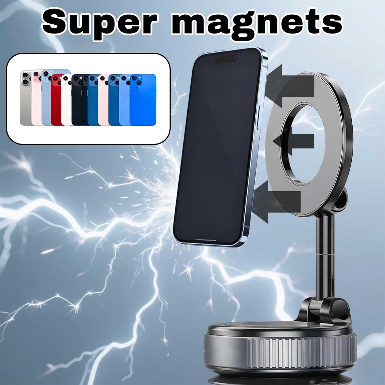 360&deg; Magnetic Car Phone Holder Mount - Super Strong Vacuum Suction, Foldable & Adjustable for Most Mobile Phones, Suitable for Dashboard/Windshield/Gym Use (Black) image number 5