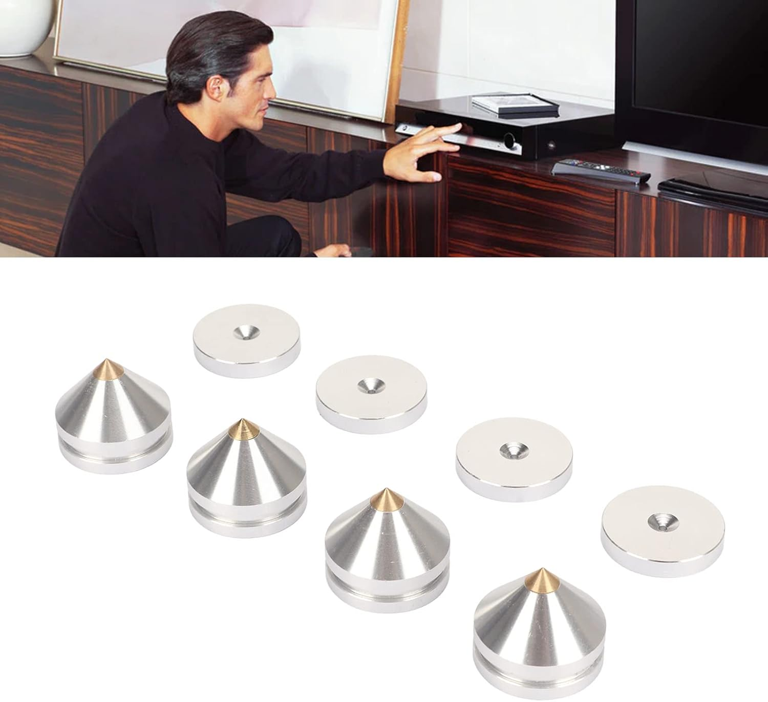 4 Pcs Aluminum Speaker Spike and Speaker Isolation Feet, Turntable Isolation Platform, Subwoofer Isolation Pad Feet Amplifier Feet DAC Feet Pad Stand, Foot Mat Shock Absorber for Amps Silver - Silver image number 4