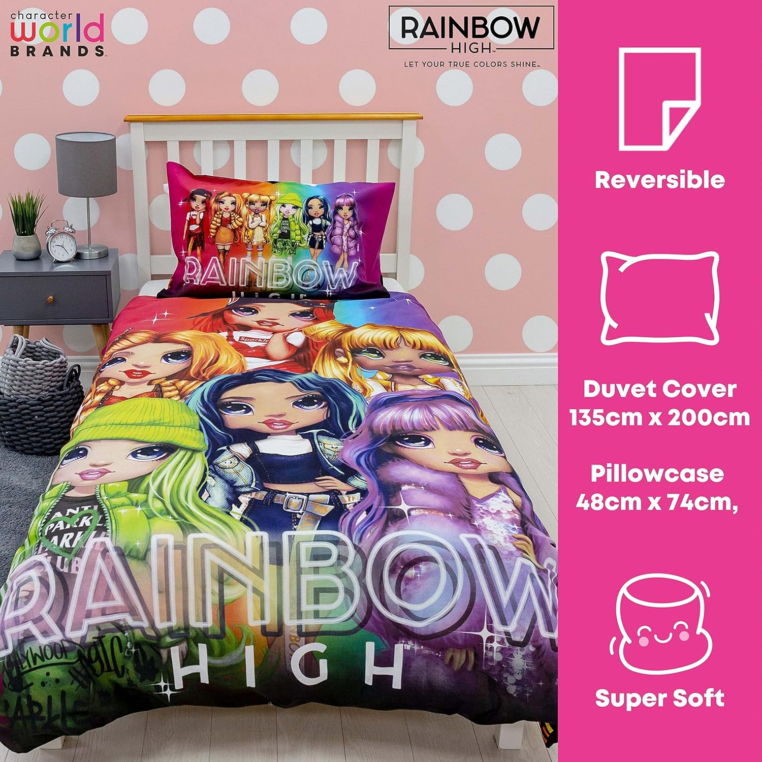 Rainbow High Glow Single Duvet Cover Set/Doona - Multicolour - Polycotton image number 5