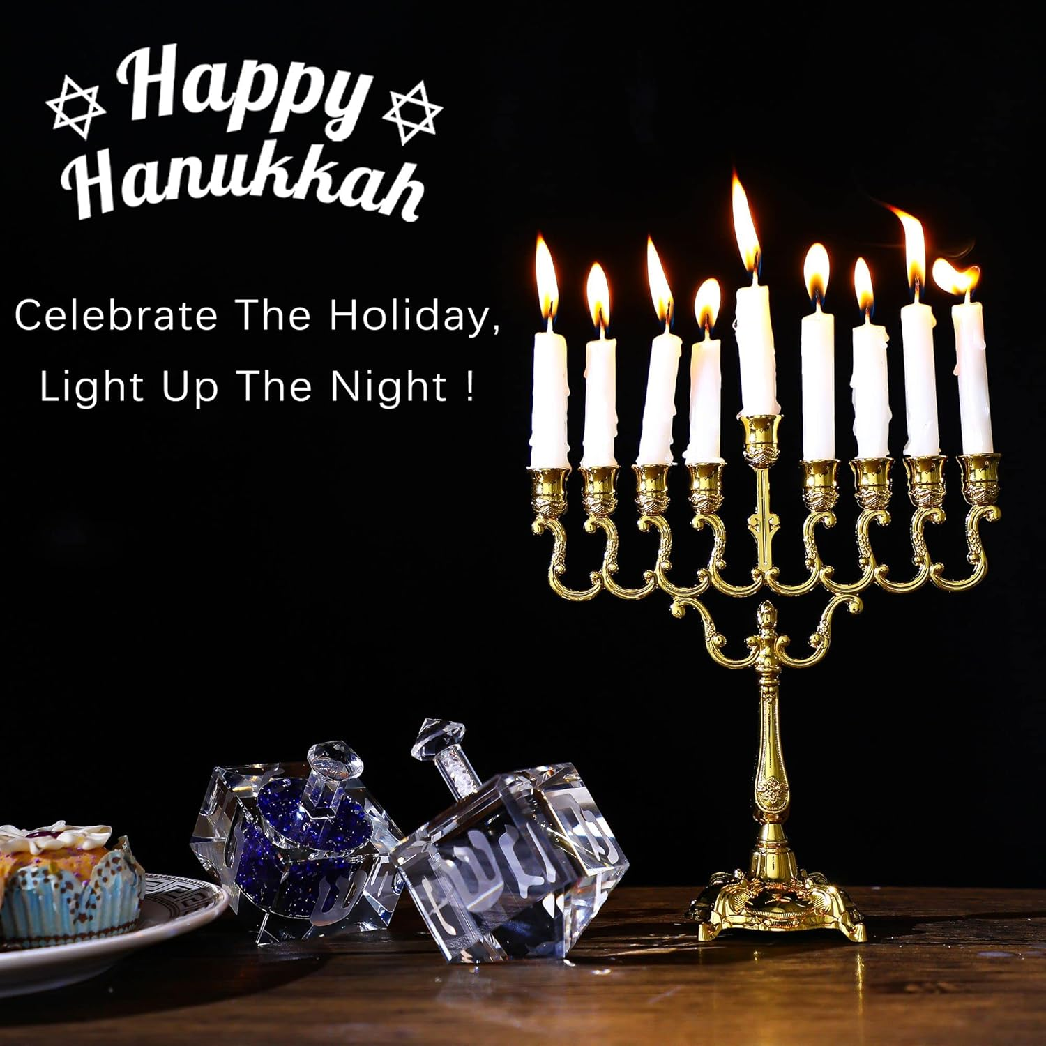 Hanukkah Menorah 9 Branch Gold Plated Jewish Menorahs for Chanukah Candle Holder Shabbat image number 5