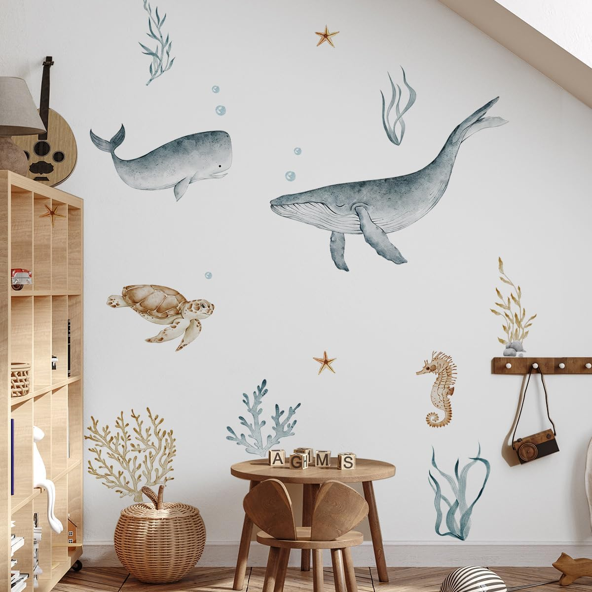 Ocean Wall Decals Watercolor under the Sea Wild Life Animals Sea Turtles Whales Wall Stickers Waterproof Peel and Stick Removable Ocean image number 4