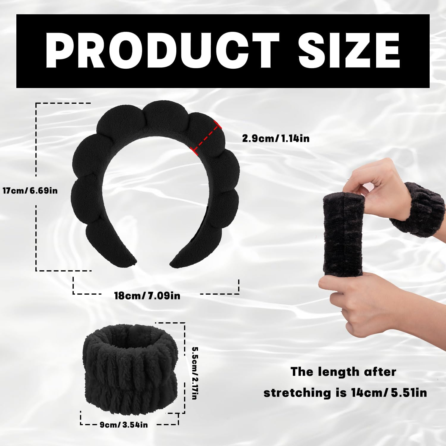 Skin Care Headband Bracelets for Face Wash Set Soft Sponge Makeup Spa Headband Hair Band Face Wash Headband Wash Face Bracelet Non-Slip Headband for Women and Girls (Black) image number 3