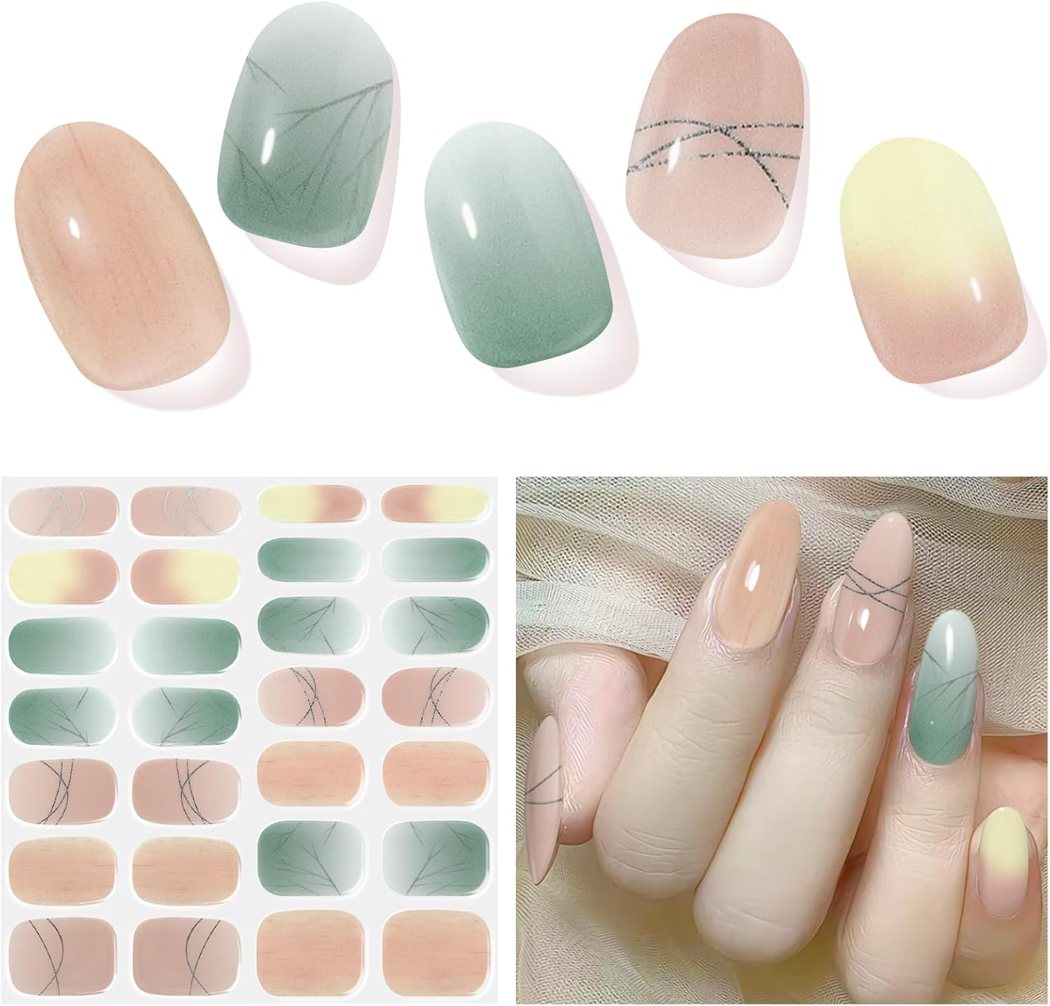 DUKASOU Semi Cured Gel Nail Strips, Green Jade | 28 Pcs Chinese Style Gel Nail Strips Work with Any UV Lamp, Salon Quality New Chinese Nail Stickers, Include Prep Pads, Nail File&Wood Stick - Begonia Position image number 4