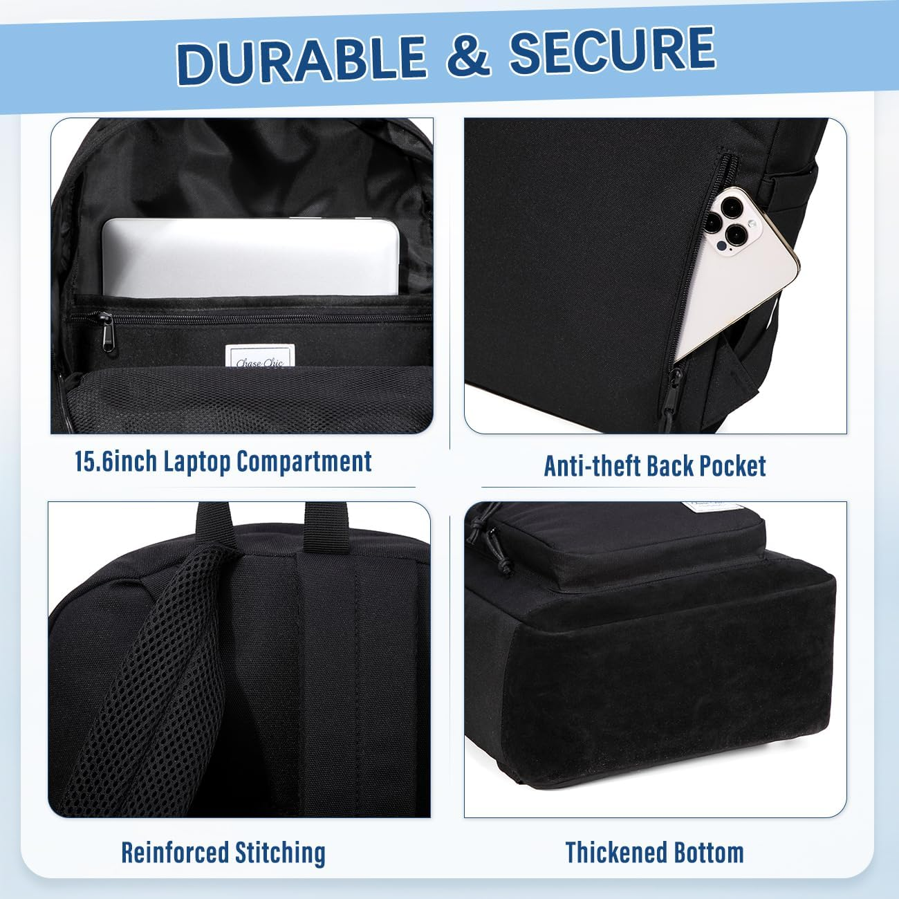 Chase Chic Backpack for Men Women, Causal Travel School Bag 15.6 Inch Lightweight Laptop Backpacks for Teenage Girls Boys image number 3