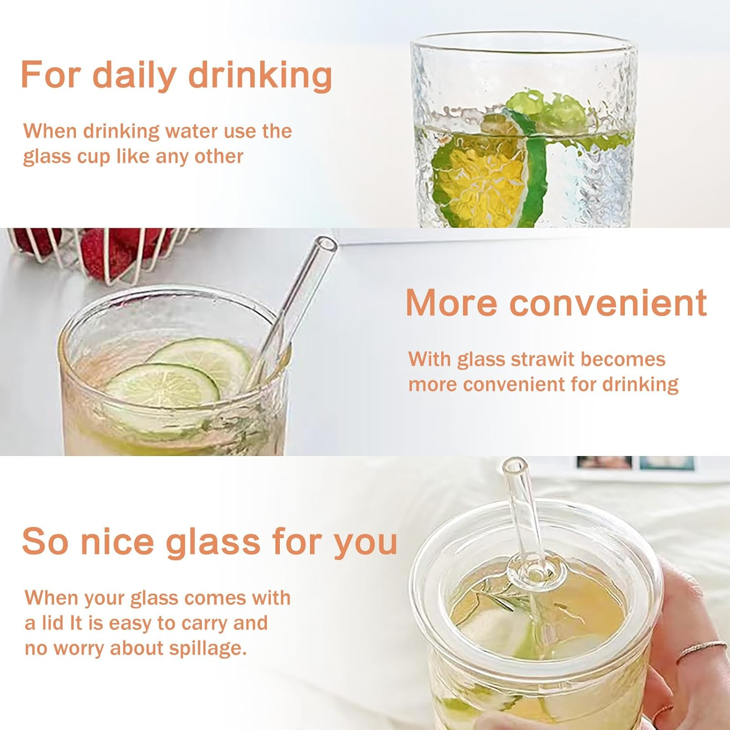 GOSCHE Glass Cups with Lids and Straws, 20Oz Glass Cups Drinking Jar, Clear Iced Coffee Cups, Vintage Ripple Glass Tumbler for Water Coffee Tea, Clear, 2Pcs