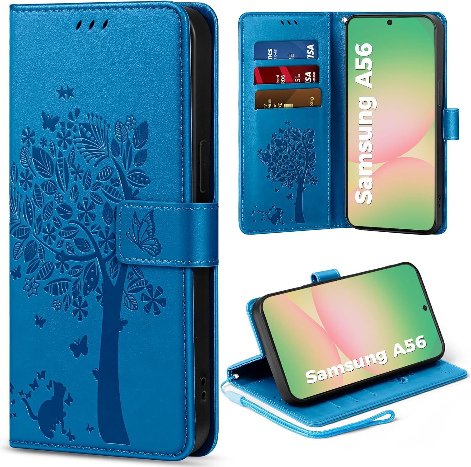 EASDNB Mobile Phone Case for Samsung Galaxy A36 5G Case, Flip Leather Wallet Case with [3 Card Slots] [Magnet] [Stand] Premium Leather Embossing Protective Flip Case for Samsung Galaxy A36, Blue