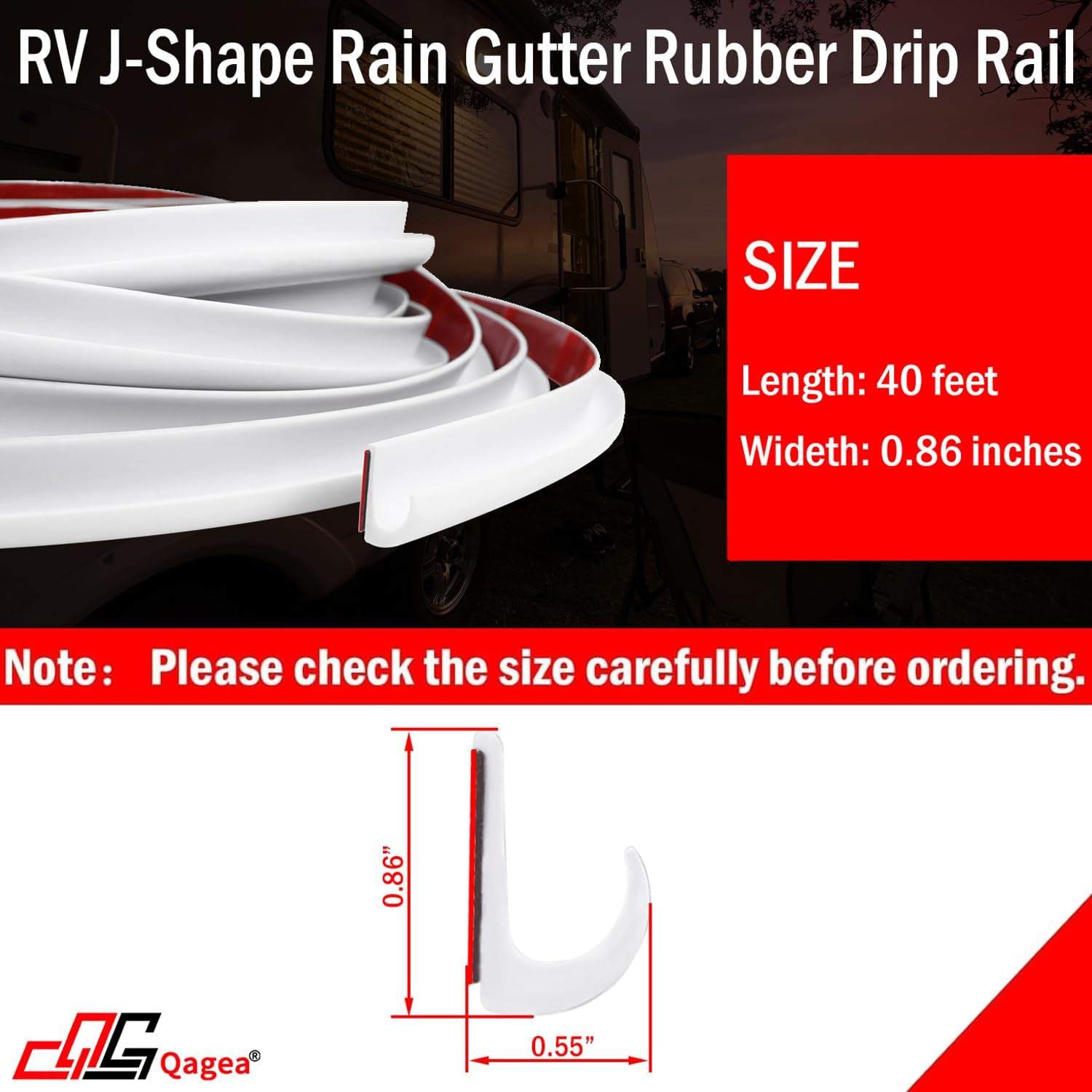 RV J-Shape Rain Gutter Rubber Drip Rail 40Ft, 1/2 Inch RV Trim Molding, Weather Stripping with Self-Adhesive, Roof Rain Diverter Fit for Car, Truck, RV, Boat and Home Application (White)