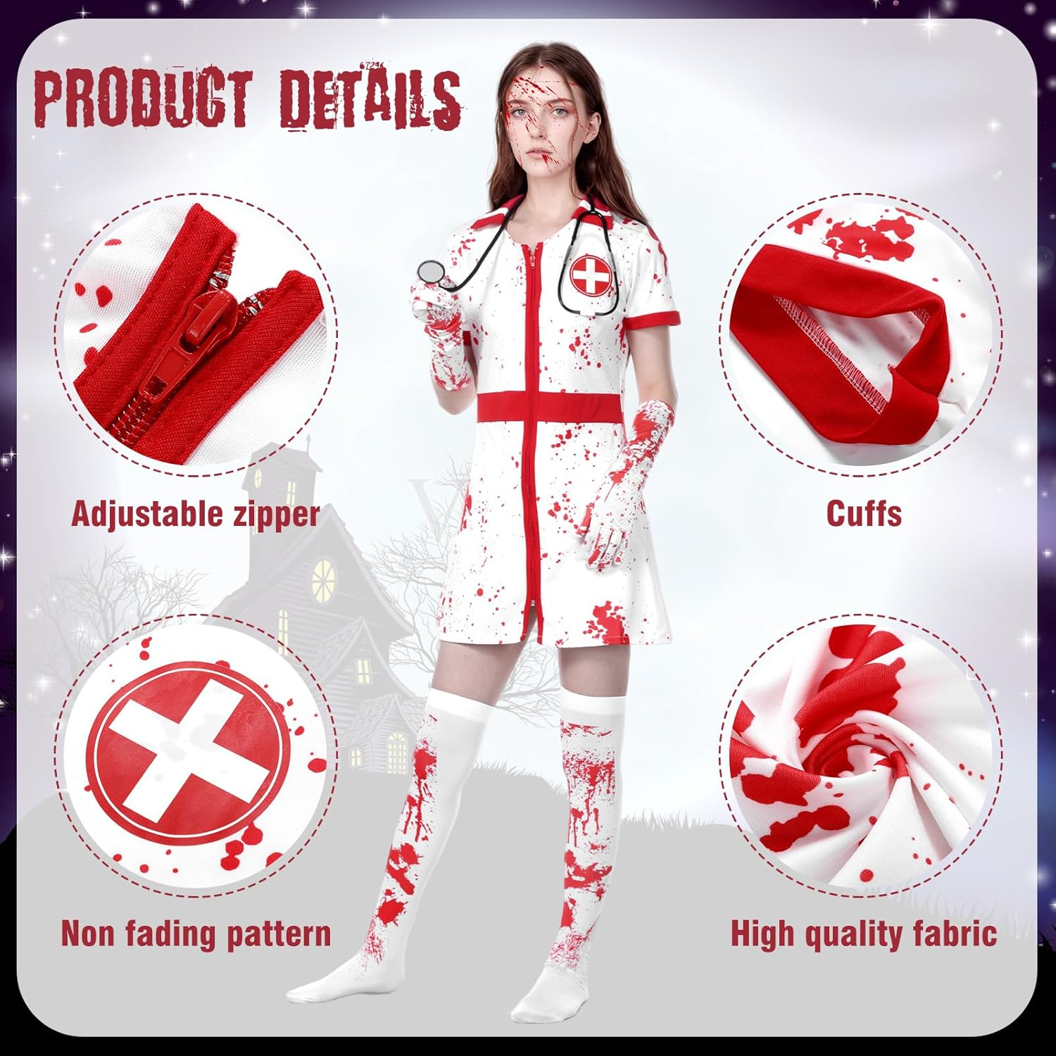 Halloween Bloody Nurse Dress with Hat Costume image number 5