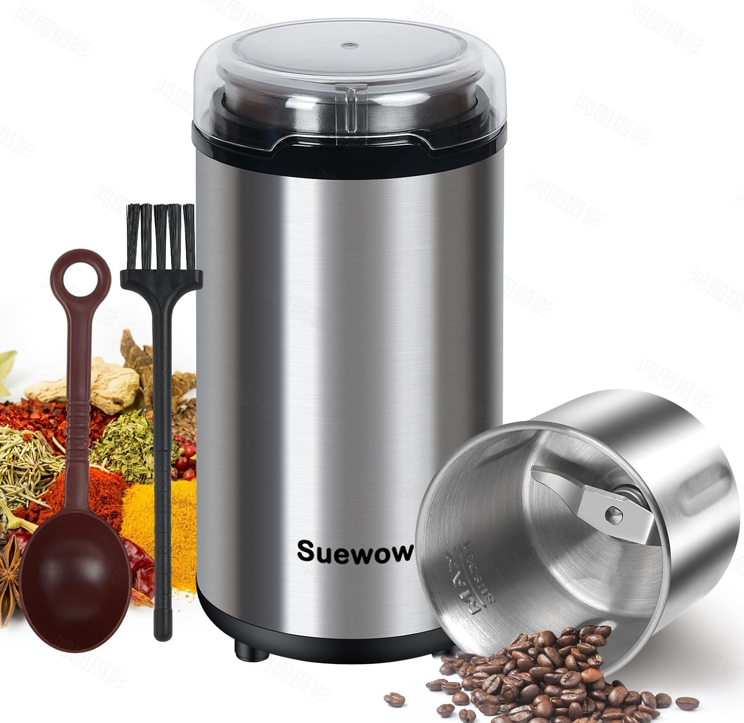Electric Coffee Grinder - Powerful 200W Motor, Detachable Bean and Spice Grinder for Coffee Beans, Spices, Peanuts, Grains - Large Capacity Multipurpose Grinder (Silver)