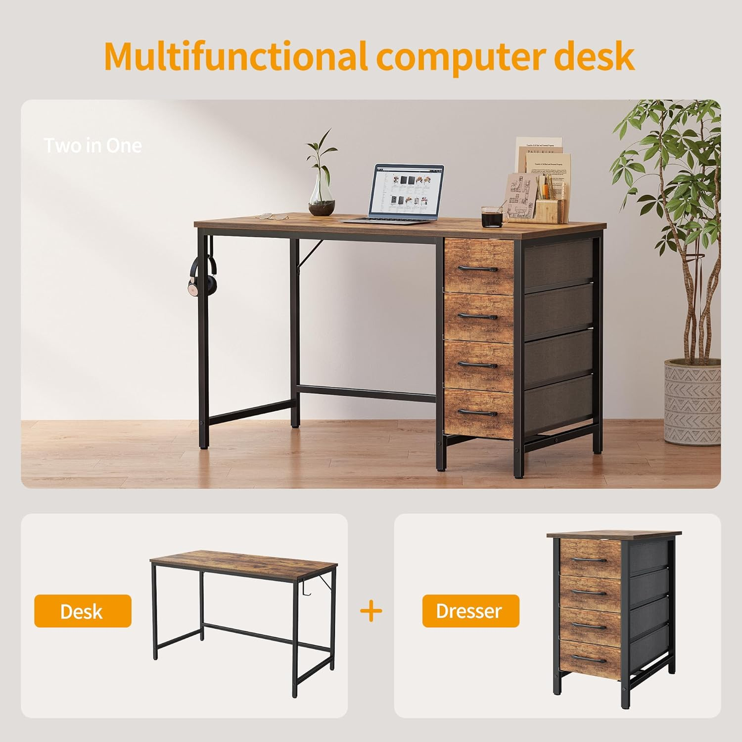 Cubicubi 40 Inch Computer Reversible Desk with 4 Storage Drawers, Small Home Office Kids Student Studying Table for Bedroom, Rustic Brown image number 1
