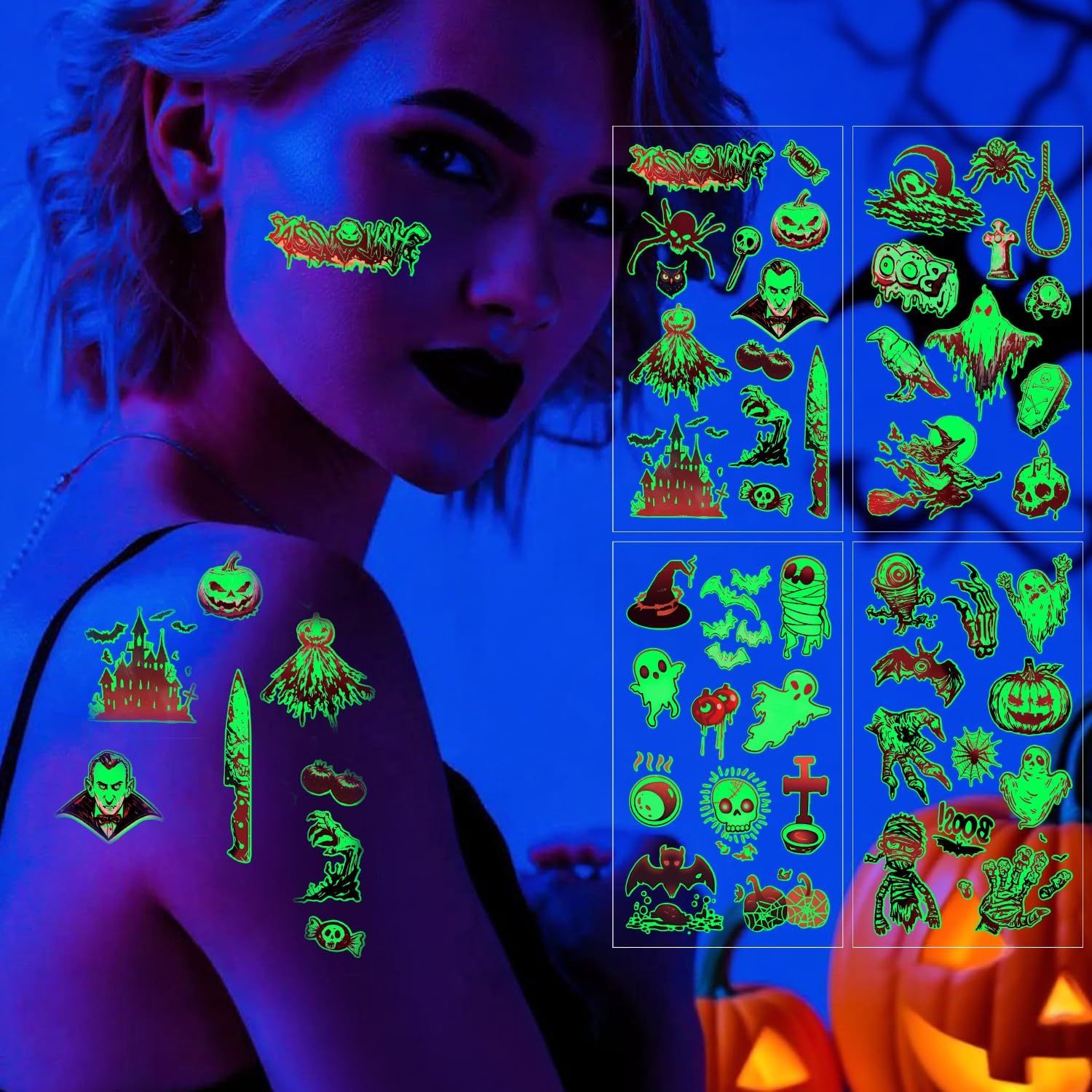 10 Sheets Halloween Temporary Tattoos for Kids,Halloween Tattoo Luminous Stickers Stocking Stuffers Halloween Party Favors Glow in Dark，Tattoos Face Make up Gift Filler Decoration for Boys Girls image number 3