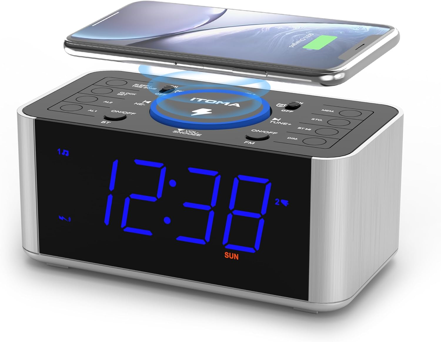 Alarm Clock Radio with 5W Wireless Charging, Snooze,Bluetooth, Dual Alarm, 1.4'' LED Display, Dimmer, USB Charging Clock for Bedside Itoma 206