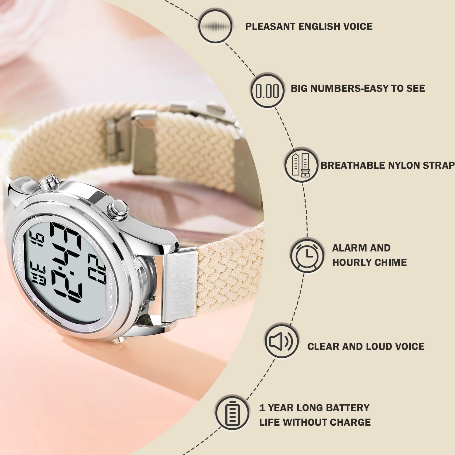 Hearkent Talking Watch for Women, Loud Clear Voice for Elderly Blind or Visually Impaired, Large Number Watch for Seniors - Black image number 5