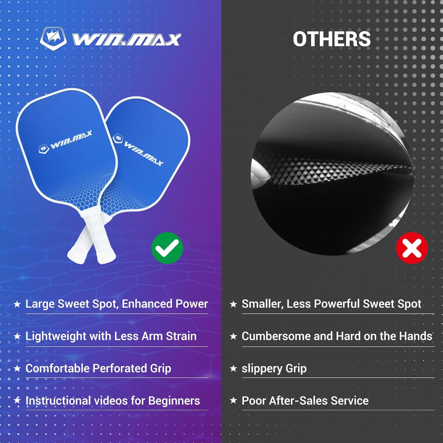 Pickleball Paddles, Fiberglass Surface Pickleball Set with Pickleball Rackets, Pickleball Paddles Set ​For Men Women, 4 Pickleballs and Carry Bag (Blue) image number 3