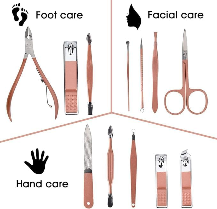 Miners2000 Nail Clippers and Beauty Tool Portable Set, Rose Gold Martensitic Stainless Steel Manicure Set 12 in 1, with Pink Leather Bag, Suitable for Home, Workplace, Outdoor Travel, Gift Giving, Beauty Salon image number 1